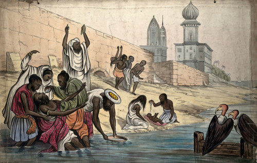 The "death of Hindoos on the banks of the river Ganges", 1860. Creator: The Empire Traveller.