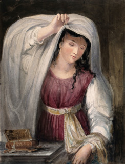 Rebecca admires the clothes and jewellery given to her by Abraham's servant, 1824. Creator: Juliana Howard.