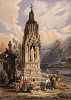 People near a river praying before the figure of a saint on a memorial cross. Creator: Unknown.