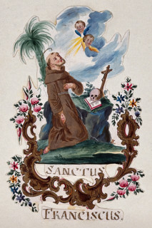 Saint Francis of Assisi, kneeling, receiving the stigmata. Creator: Unknown.