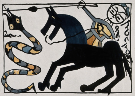 Saint George on horseback killing the dragon with his lance. Creator: Unknown.