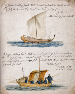 Ship-building: two types of Japanese boat, 1833. Creator: James Smith.