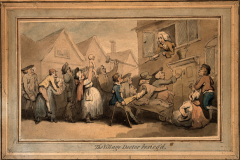 A long queue (line) of angry patients agitating outside the house of a doctor (surgeon..., ([1800?). Creator: Thomas Rowlandson.