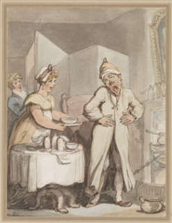 A man in pain receiving medicines from a housemaid, c1800s. Creator: Thomas Rowlandson.