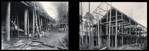 Sarawak: the supporting poles of a Kayan tribal house and a Sea Dayak house under construction. Creator: Unknown.