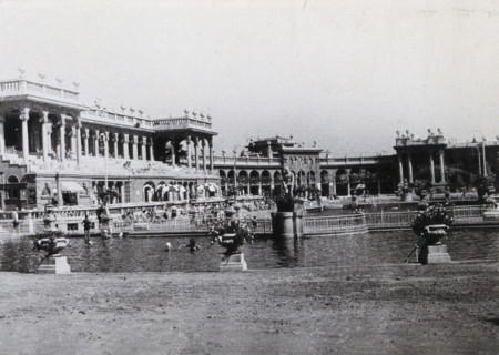 Open air baths in Budapest; two large pools separated by railings,...., c1900s. Creator: Unknown.
