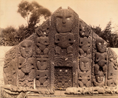New Zealand: the carved front of a Maori meeting house, between 1800 and 1899. Creator: Unknown.