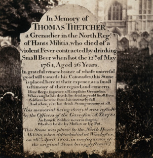 Winchester: tombstone of Thomas Thetcher, who "died of a violent fever contracted by..., 1800-1899. Creator: Unknown.