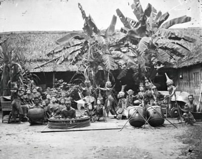 Siam (Thailand): a khon (masked dance drama) and lakhon (acting) troupe, 1865. Creator: John Thomson.