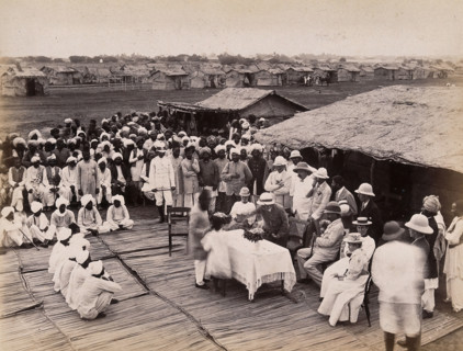 Discharged hospital patients after bubonic plague outbreak, being given relief money..., 1897. Creator: Unknown.