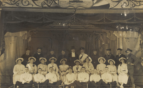 Men on a large stage set, [between 1910 and 1919 and between 1920 and 1929?]. Creator: Unknown.