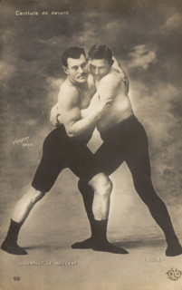 Two wrestlers facing off, late 19th-early 20th century.  Creators: Count Stanislaw Walery, Walery.
