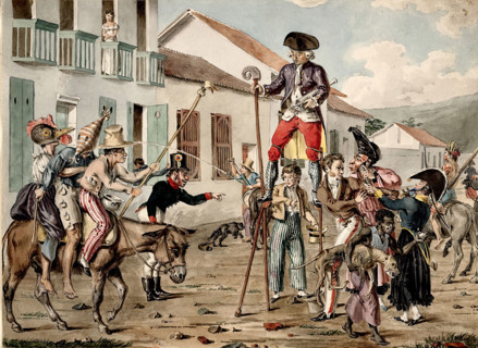 A street carnival in Bogotá, with a battle between personifications of medicine and..., 1822/1828. Creator: Francois Desire Roulin.
