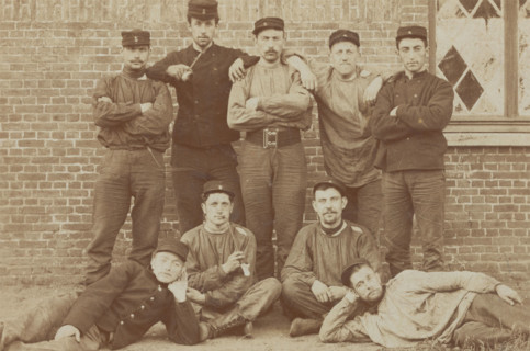 Belgian soldiers posing for a group portrait in a casual manner, 1908. Creator: Unknown.