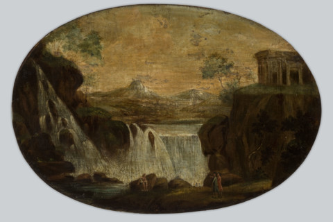 Landscape with a Waterfall and an Ancient Temple (Tivoli?), between 1775-1825. Creator: Unknown.