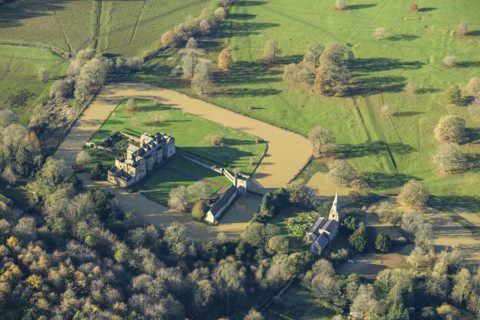 Broughton Castle fortified house, gatehouse and moat, Oxfordshire, 2024. Creator: Damian Grady.