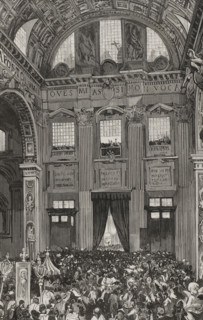 Pope Leo XIII giving his first blessing to the faithful from the inner balcony...1878. Creator: Bernardo Rico.