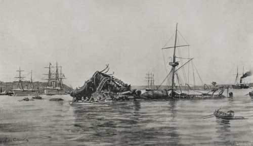 American battleship "Maine" after the explosion in the port of Havana on February 15, 1898, (1898).  Creator: Francisco Laporta Valor.