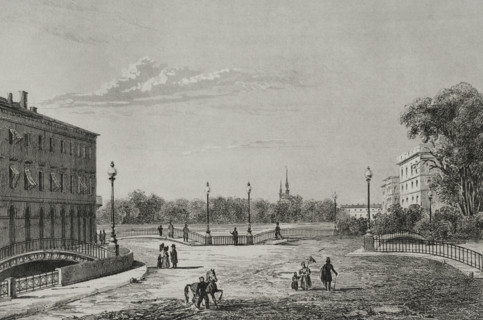 View of the Three Arches Bridge and the Field of Mars, Saint Petersburg, Russia, 1839. Creator: Augustin François Lemaitre.