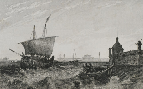 View of the old Stock Exchange building and glimpse of Peter and Paul Fortress..., 1839. Creator: Augustin François Lemaitre.