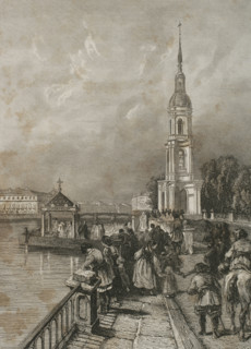 Bell tower of St. Nicholas Naval Cathedral, Saint Petersburg, Russia, 1839.  Creator: Hippolyte Lalaisse.
