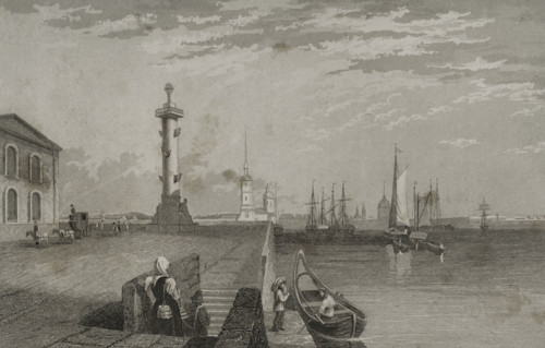 Rostral Column next to the River Neva, Saint Petersburg, Russia, 1839. Creator: Samuel Cholet.