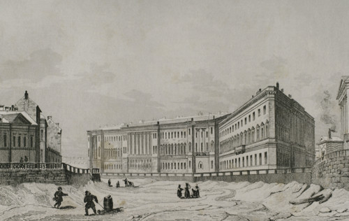 View of the General Staff Building on the bank of the Moyka River Canal, St Petersburg, Russia, 1839 Creator: Traversier.