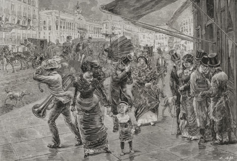 Puerta del Sol (Gate of the Sun), Madrid, 1878. People walking surprised by the wind.  Creator: Enrique Alba.