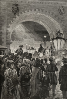 Crowds and soldiers during royal wedding celebrations, Madrid, January 27, 1878.  Creator: Andrés Ovejero.