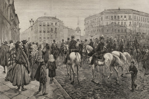 Buglers playing military reveille, Madrid, Spain, on the day of the royal wedding, 1878. Creator: Enrique Alba.