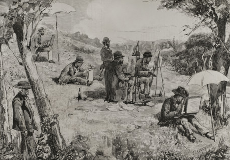 Opponents of the Rome pension schemes drawing near the San Fernando Bridge, Madrid, Spain, 1878.  Creator: Manuel Domínguez.