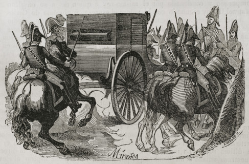 Transfer of Manuel Godoy to the castle of Villaviciosa de Odón in Spain, April 2, 1808, (1851).  Creator: Miranda.