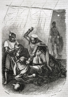 Beltrán Duguesclín and the king's half-brother, Enrique de Trastámara, stabbing King Pedro..., 1852. Creator: Tomás Carlos Capuz.