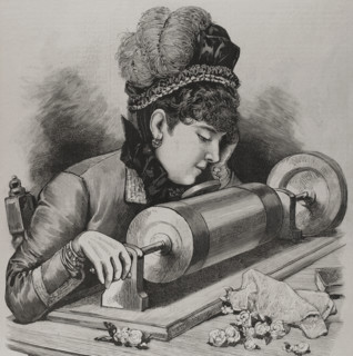 A "prima donna" singing by using Edison's phonograph receiver, 1878. Creator: Unknown.