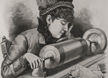 A "prima donna" singing by using Edison's phonograph receiver, 1878. Creator: Unknown.