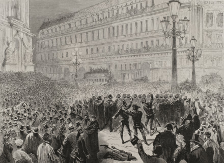 The Spanish Estudiantina - Serenade in the Opera Square, March 7, 1878, Paris Carnival of 1878. Creator: Unknown.