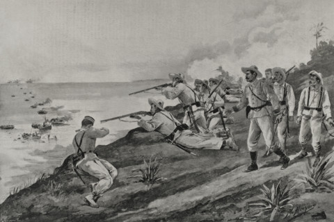 Spanish-American War: Spanish soldiers attacking US troops landing on the coast of Cuba, 1898.  Creator: Enrique Laporta Valor.