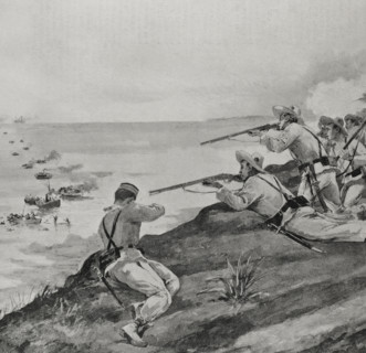Spanish-American War: Spanish soldiers rejecting the landing of US troops...Cienfuegos (Cuba), 1898. Creator: Enrique Laporta Valor.