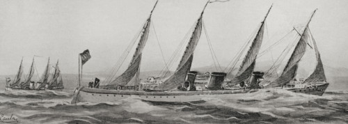 Spanish-American War: Spanish torpedo boats on their way to the island of Cuba, 1898. Creator: Antonio de Caula.