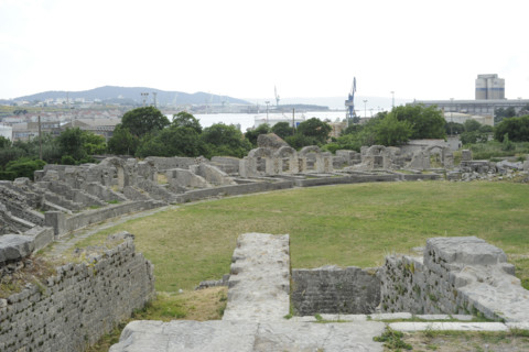 Partial view of the amphitheater ruins, ancient city of Salona, Solin, Croatia, 2018.  Creator: Unknown.