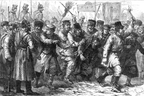 Ill-treatment of the Jews in Russia: assault on a Jew in the presence of the military at Kiev, 1881. Creator: Schombeer.