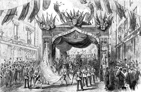 The Lord Mayor's Procession: Arch in Broad-Street - the American flag, 1881. Creator: Unknown.