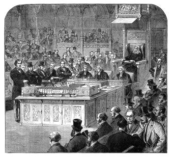 The late Lord Beaconsfield: Mr. Disraeli addressing the House of Commons as Chancellor, 1867, (1881) Creator: Unknown.