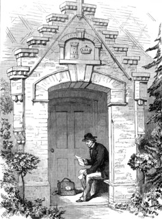 The Porch, Hughenden Lodge: Lord Beaconsfield reading his letters, 1881. Creator: Unknown.