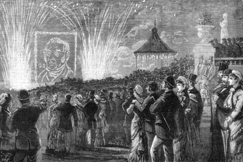 The George Stephenson Centenary Festival: firework display in Leazes Park, Newcastle-on-Tyne, 1881. Creator: W. P..