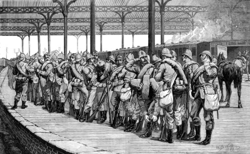 The Volunteer Review: departure of the Artists Corps from Victoria Railway Station, 1881.  Creator: Unknown.
