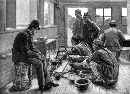 Boiling and testing opium in China, 1881. Creator: Frank Dadd.