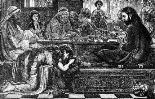 Jesus at the House of the Pharisee, from the picture by F. W. Lawson, 1881. Creator: William James Palmer.