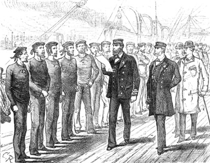 Departure of a Cunard steamer from Liverpool: muster of the crew for inspection, 1881. Creator: Unknown.