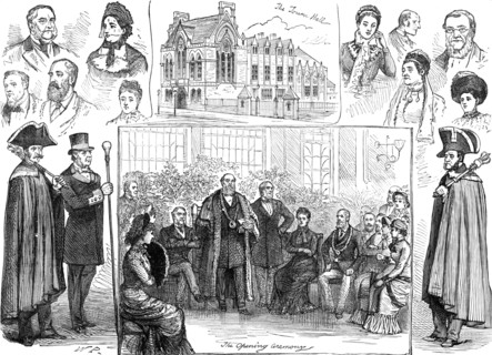 Jottings at the opening of the new Townhall at Hastings, 1881. Creator: W. P..